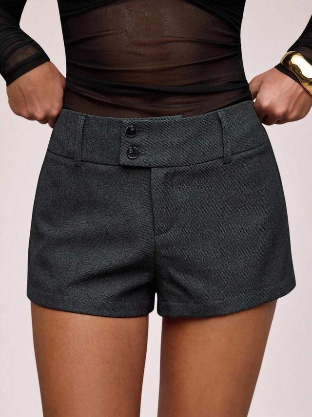 dark grey brushed twill button-decorated casual shorts