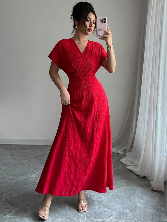 red textured v-neck batwing sleeve elegant dress