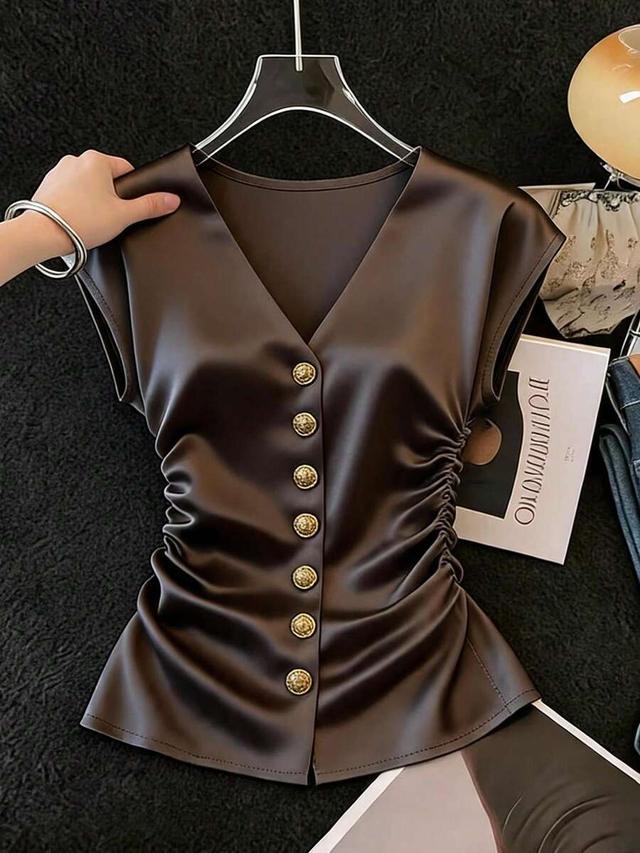brown satin v-neck blouse with ruched waist
