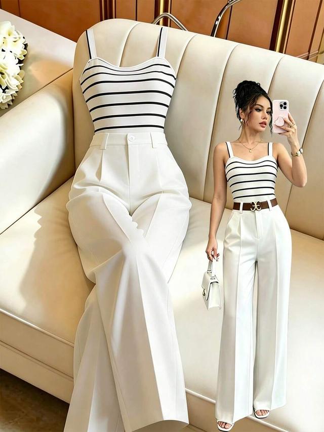 striped camisole top with white wide-leg trousers