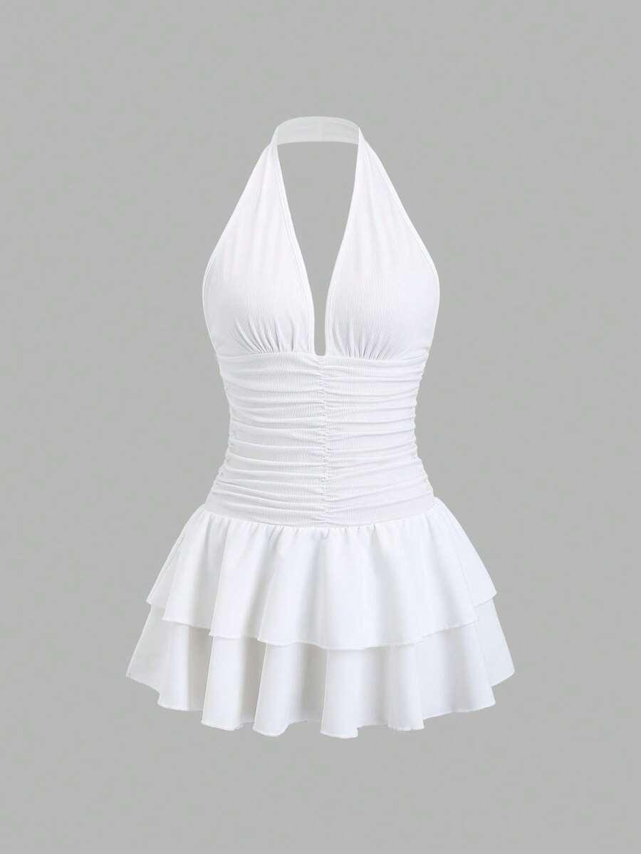 white ribbed halter neck ruffle hem mini dress