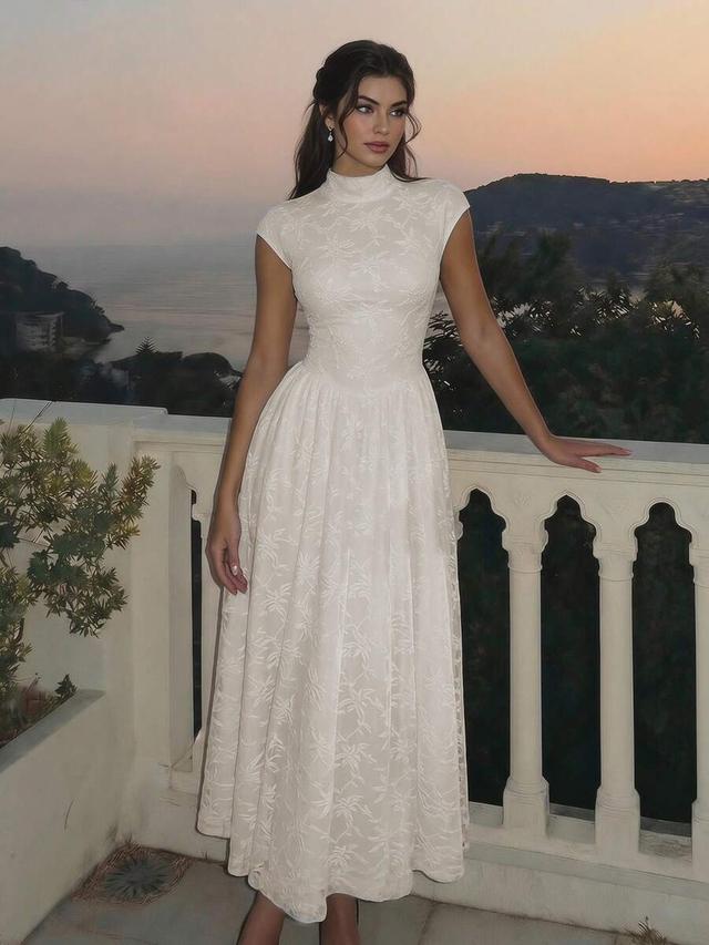 white turtleneck mid-length jacquard knit dress