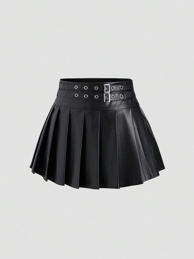 black faux leather double waistband pleated a-line skirt