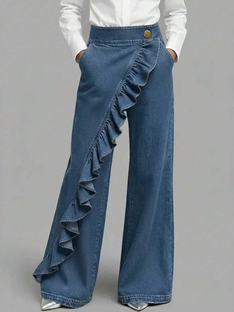 blue irregular washed retro mid-waist straight leg jeans