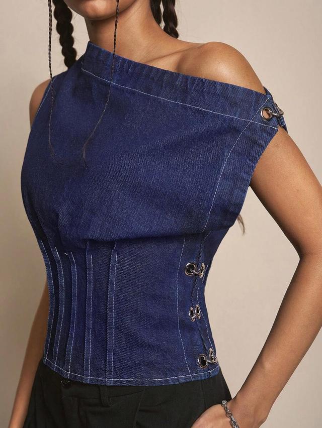 asymmetrical shoulder dark denim corset crop top