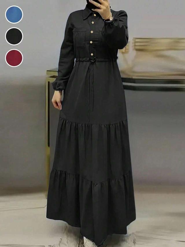 blue all-season black cinched waist ruffle hem shirt dress