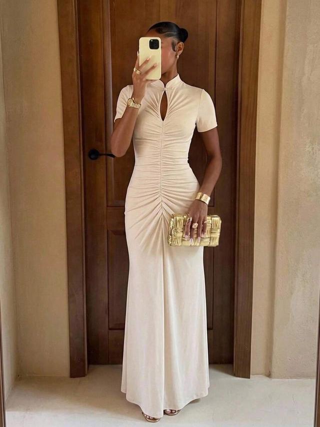elegant chinese style stand collar ruched fitted dress