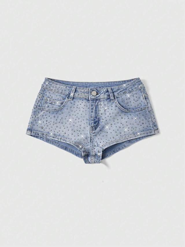 rhinestone embellished light wash denim shorts