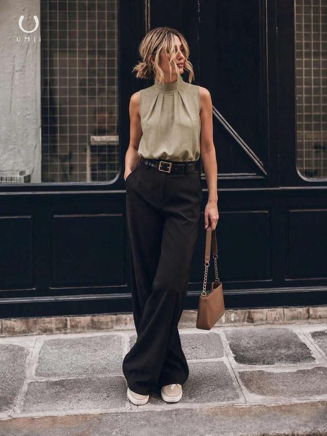 olive sleeveless high neck pleated beige commuter chic tank top