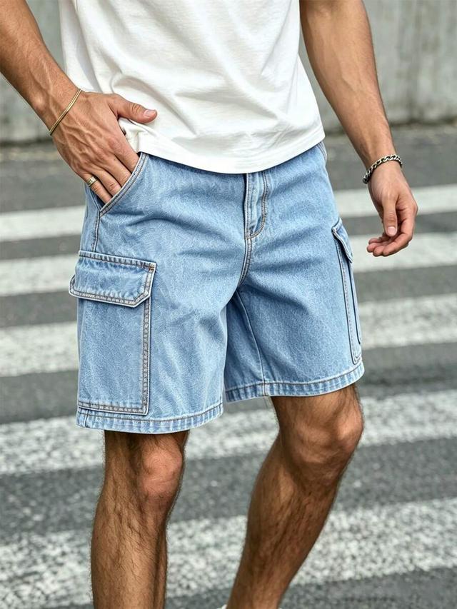 light wash denim cargo shorts with side pockets