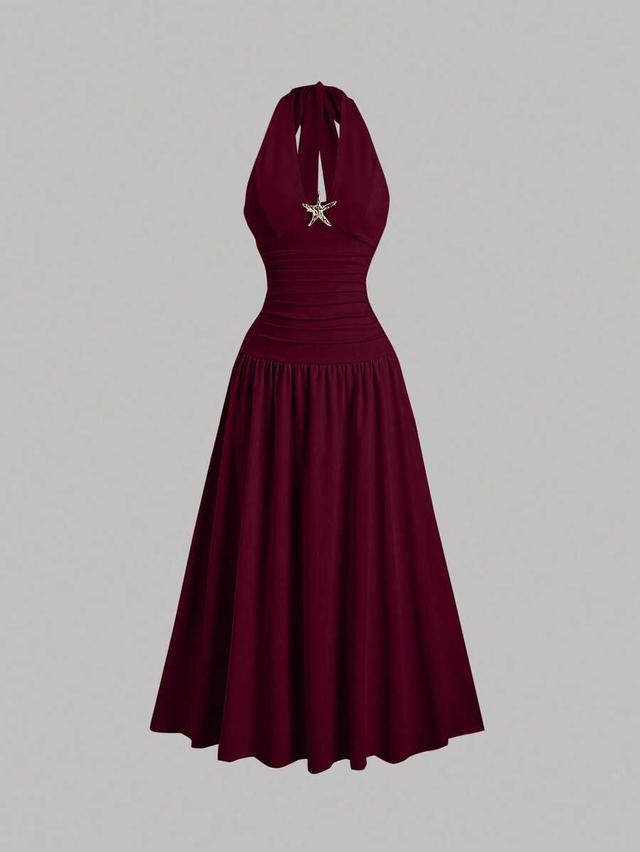 burgundy pleated halter neck swing dress with metal decor