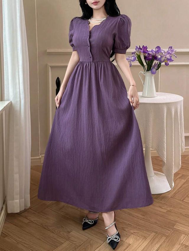 deep purple textured puff sleeve midi dress