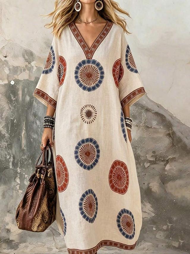 beige digital print boho v-neck vacation dress