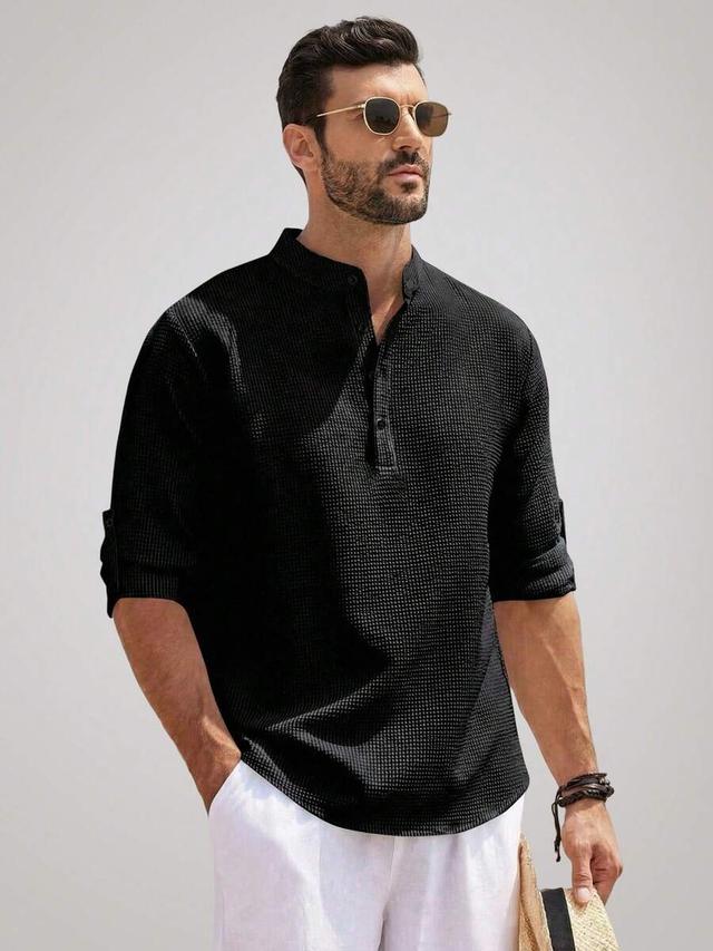 black textured henley long sleeve shirt