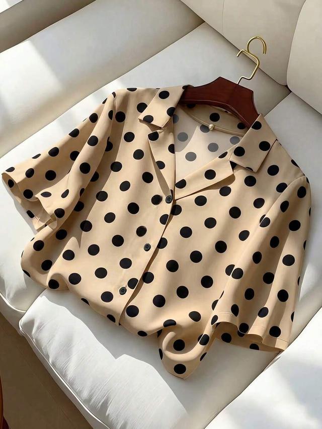 casual beige polka dot short sleeve lapel shirt