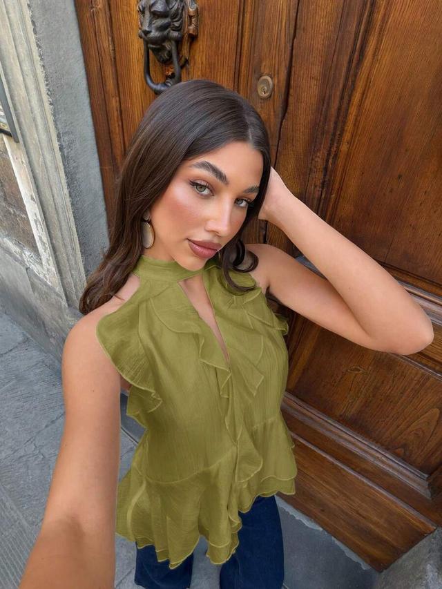 siren gaze olive green ruffle sleeveless blouse