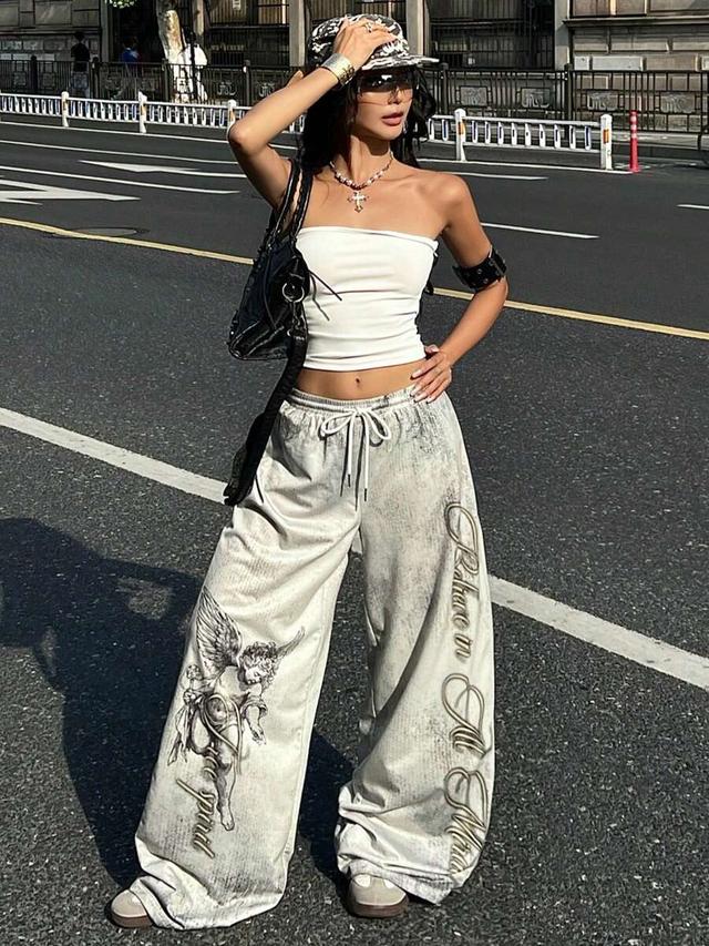 light grey graphic print wide leg sweatpants