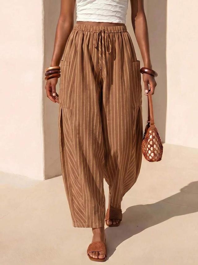 brown striped linen harem lantern long pants