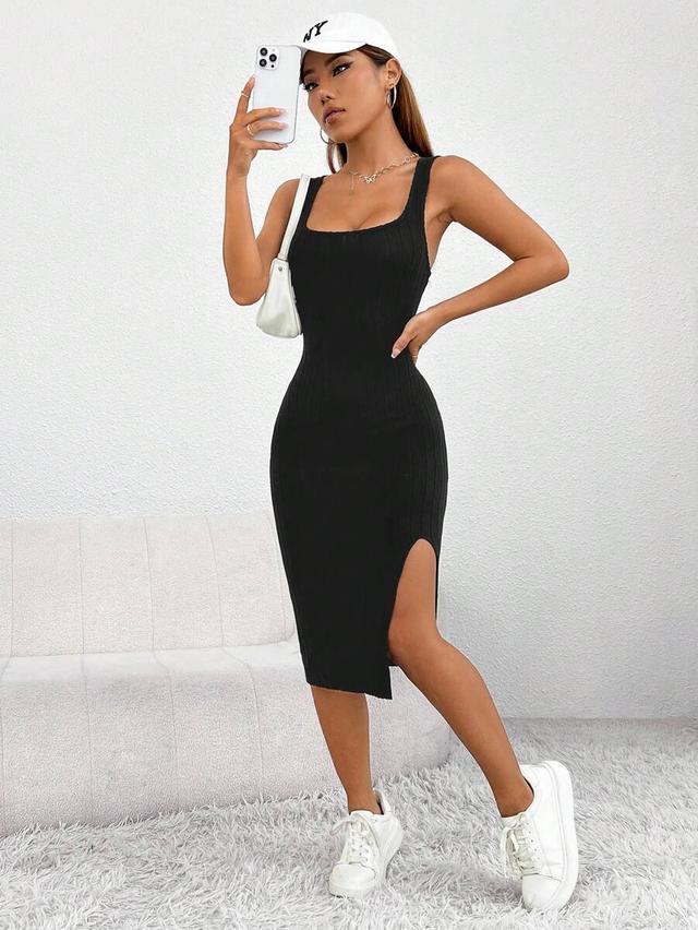 black ribbed square neck midi dress with side slit