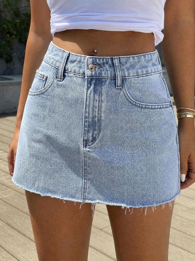 casual blue denim mini skirt with raw hem