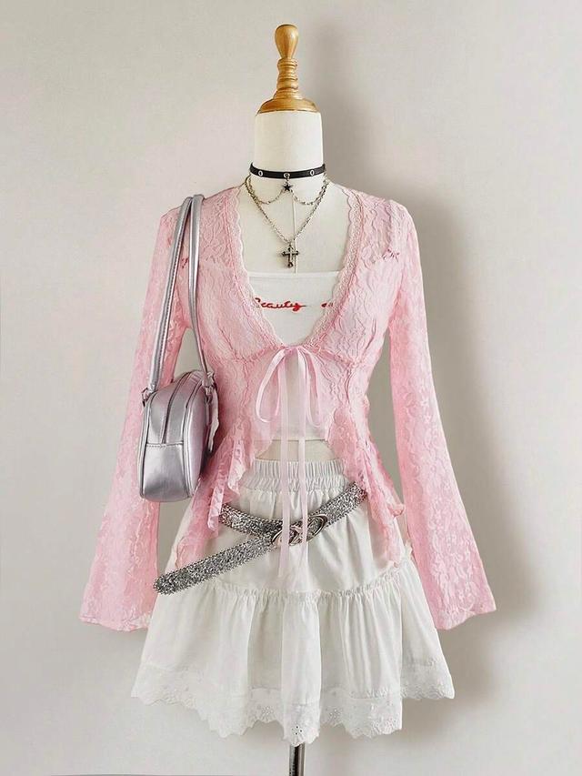pink sheer lace cardigan with bell sleeves