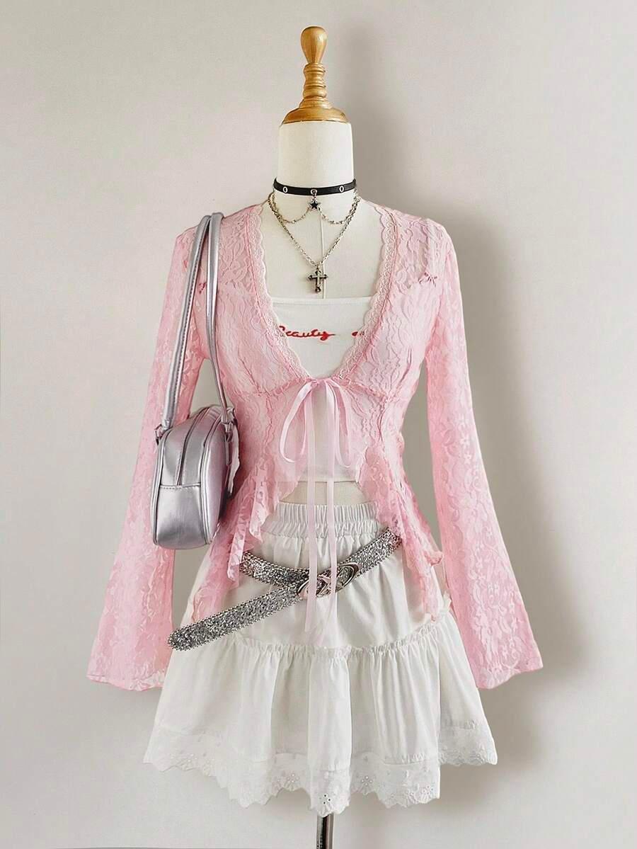 pink sheer lace cardigan with bell sleeves