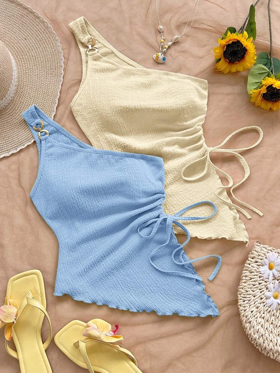 pale yellow soleia women's casual solid color asymmetric hem sleeveless top