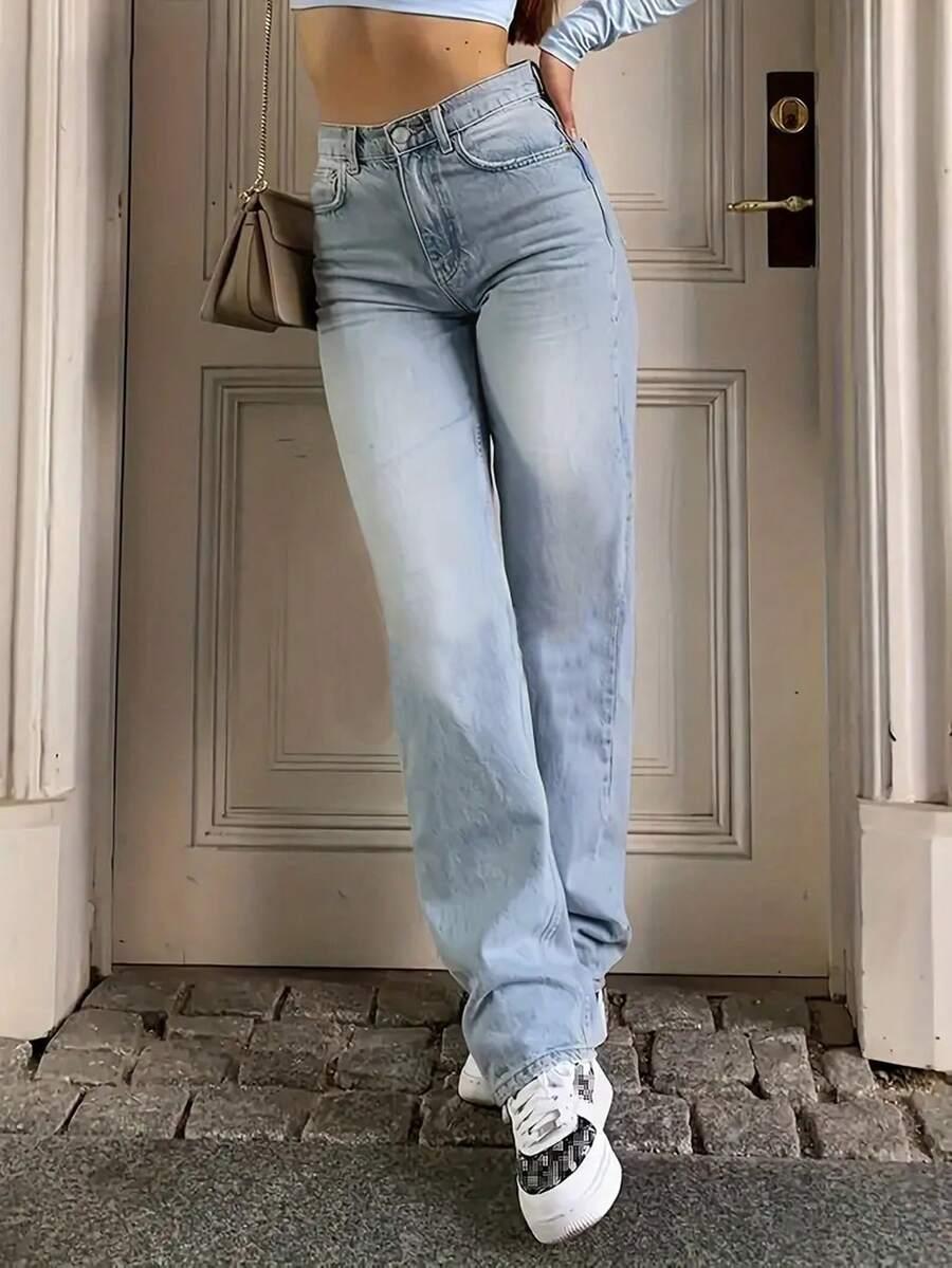 blue high waisted straight leg denim jeans