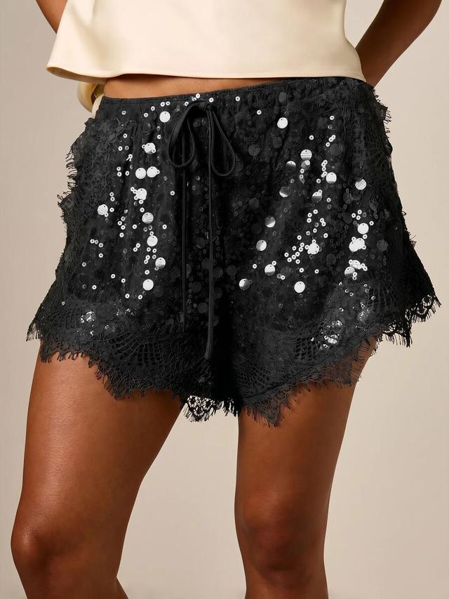 sequin lace trim mini shorts with drawstring waist