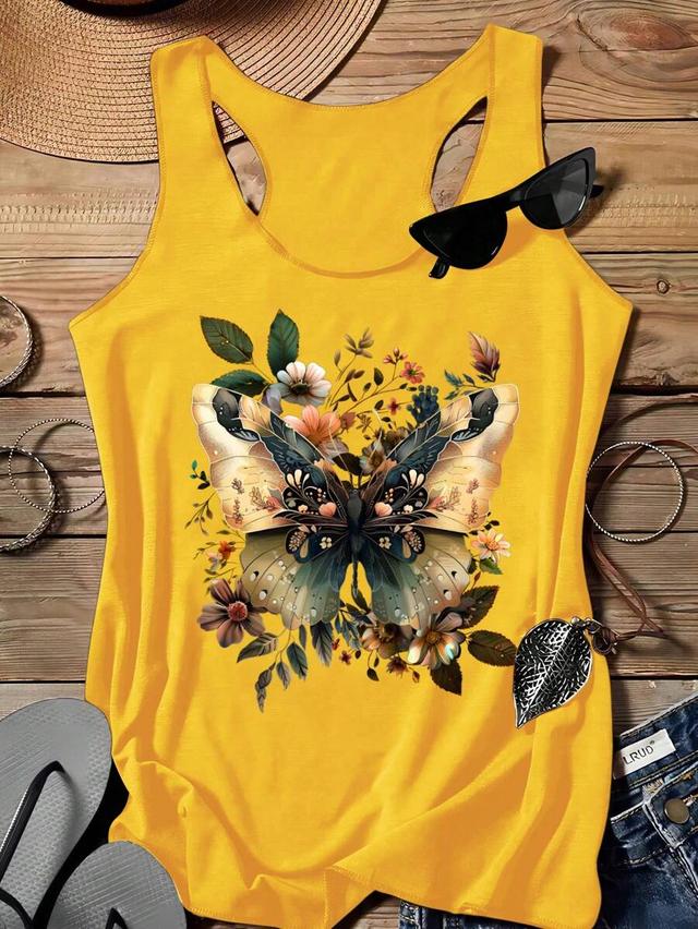 yellow butterfly floral print racerback tank top