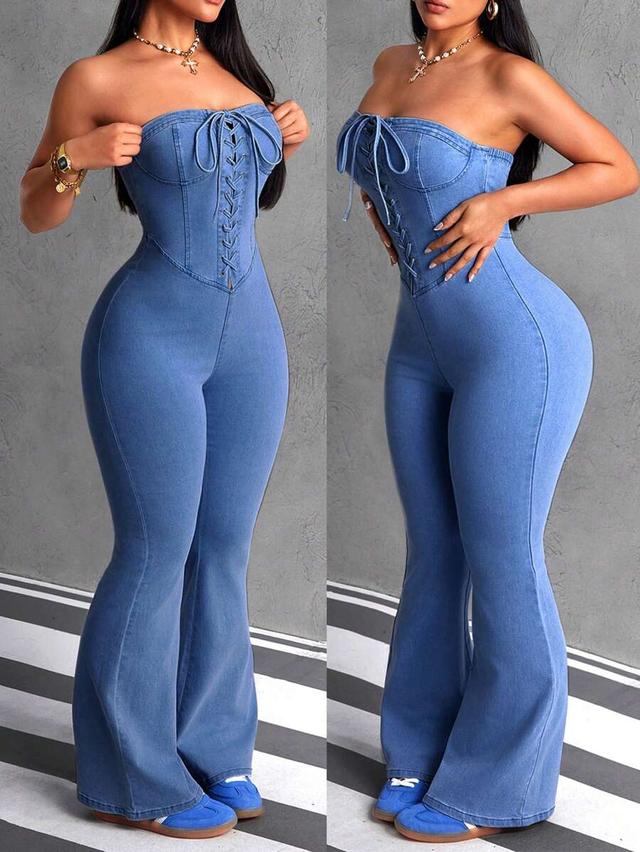 strapless lace-up denim jumpsuit with flared legs