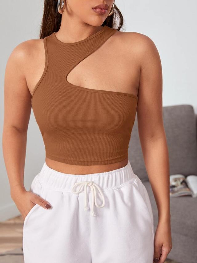brown ribbed asymmetrical shoulder crop top