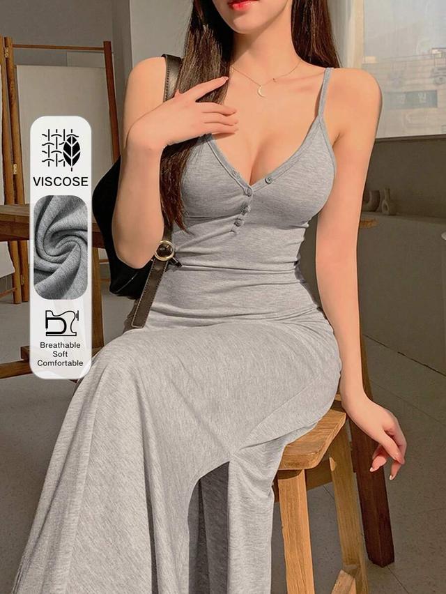grey viscose spaghetti strap bodycon midi dress