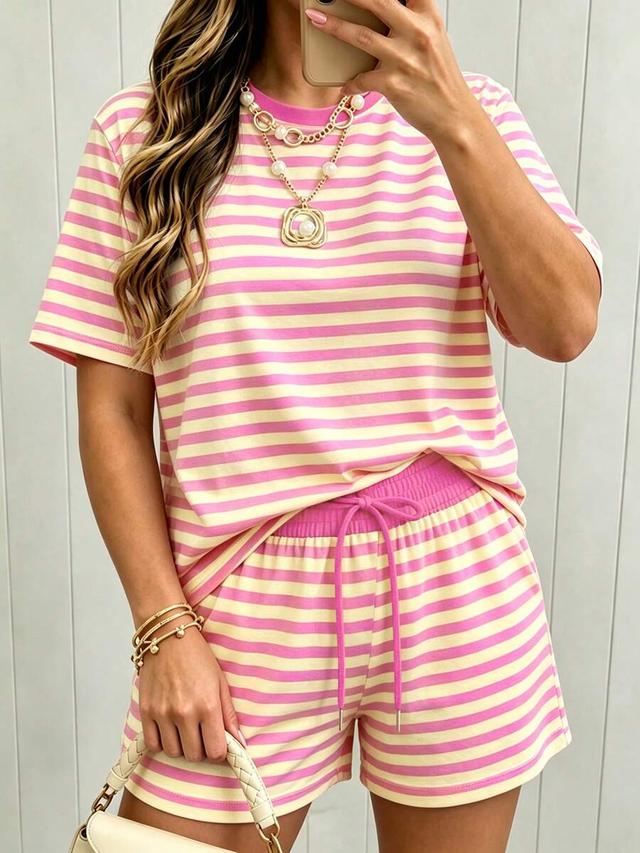 pink and yellow striped cotton loungewear set