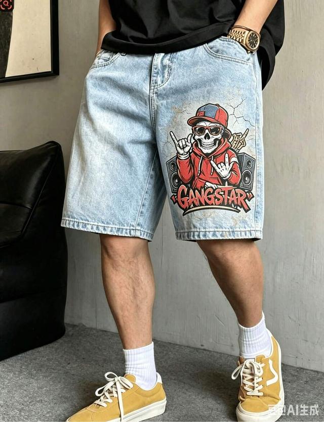 light wash distressed skull print denim shorts
