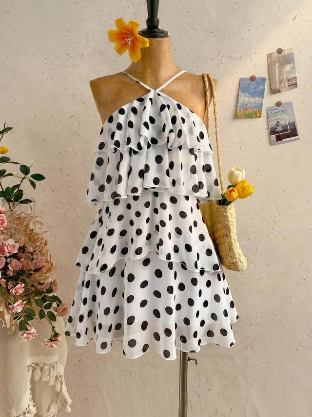 white polka dot ruffle chiffon mini dress