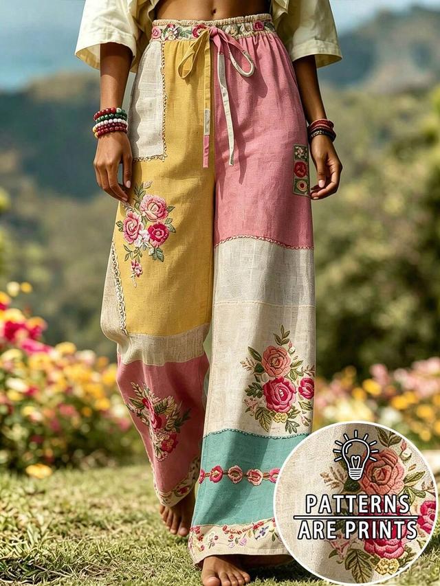 women's drawstring waist floral print patchwork linen trousers