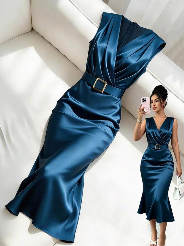 teal satin v-neck midi dress with belted waist