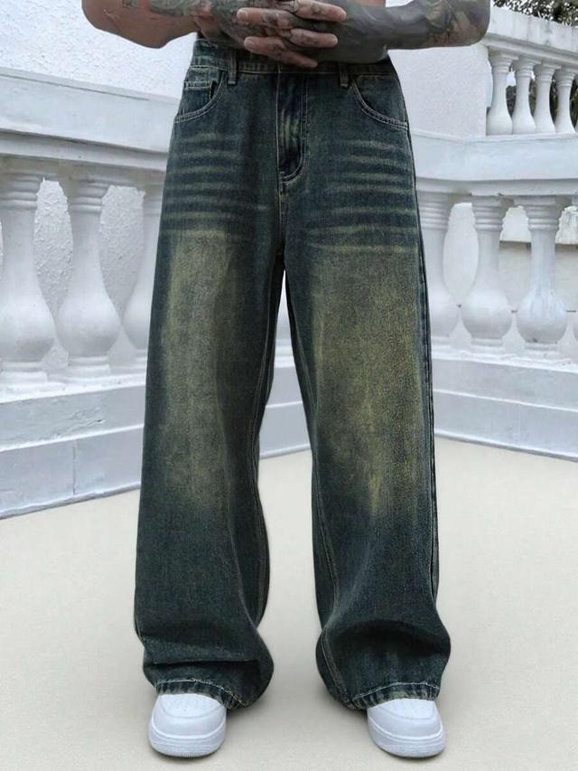 distressed vintage blue loose straight leg casual jeans