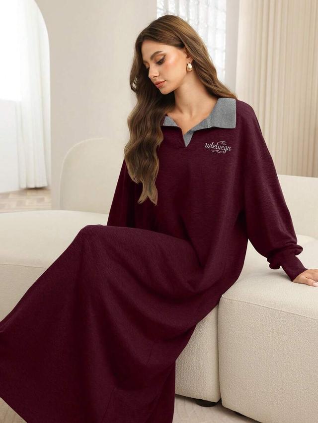 maroon knit sweatshirt dress with contrast collar