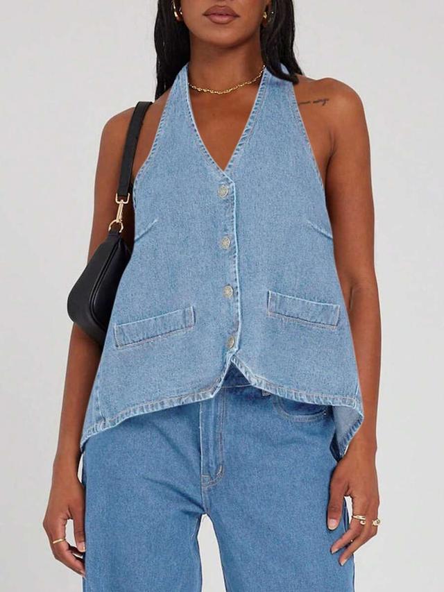 women's halter neck denim vest open back button down top