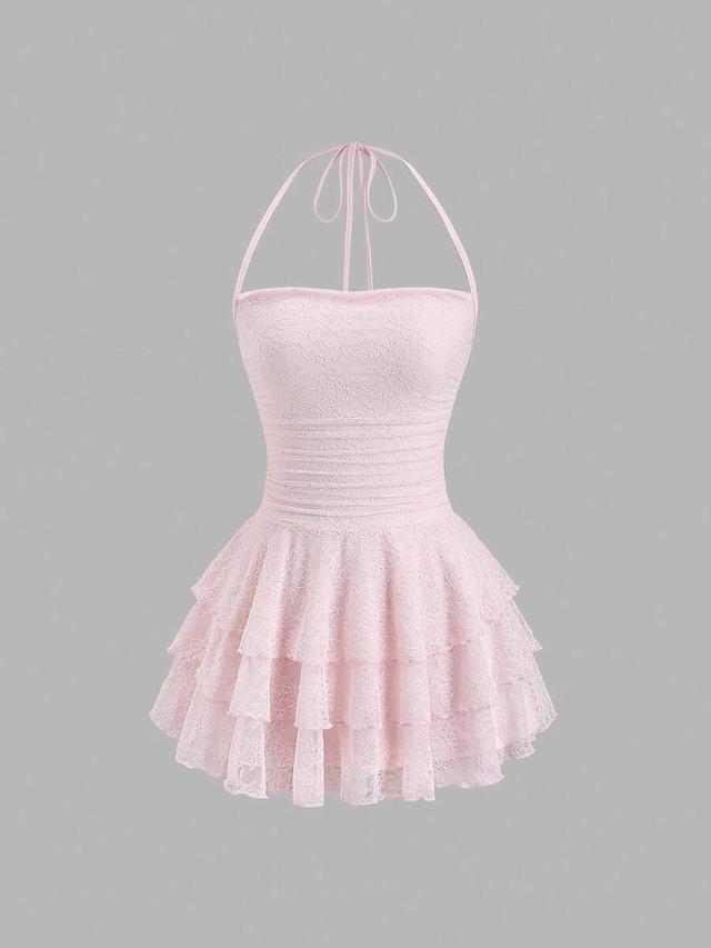 solid pink lace textured halter mini dress