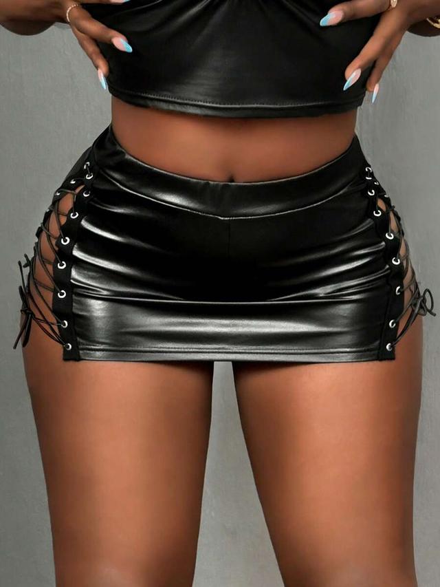 black pu leather lace-up side mini pencil skirt