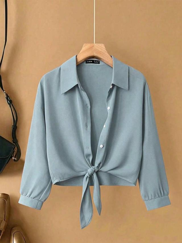 light blue woven turndown collar tie-front blouse