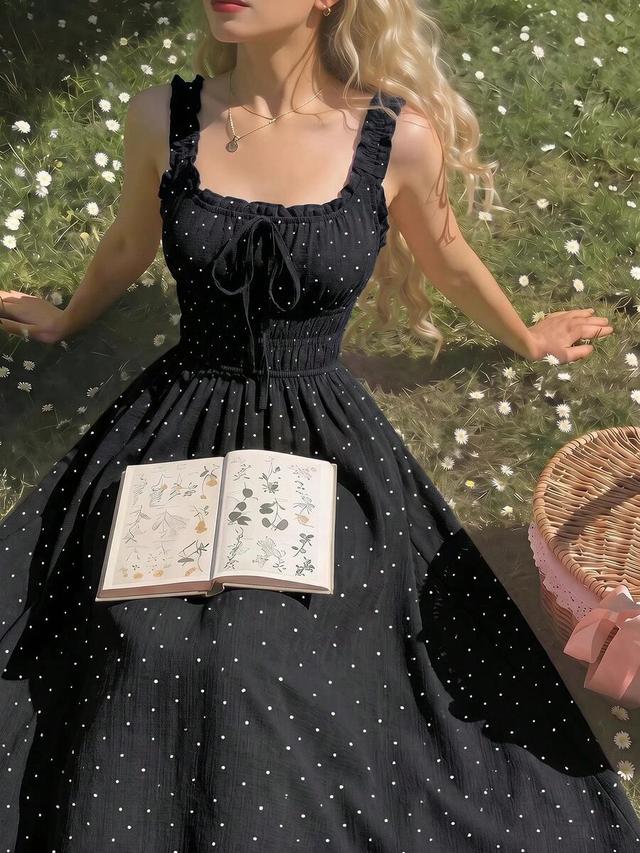 black polka dot pleated waist cinched midi dress