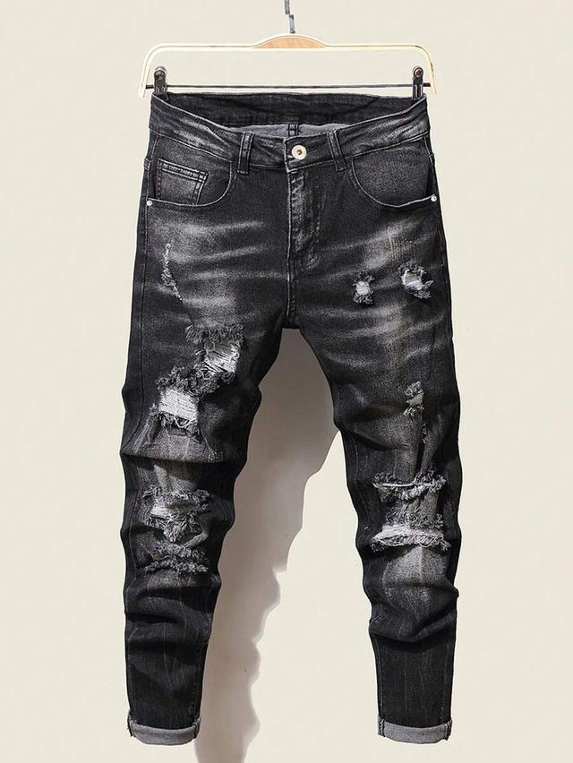 black washed cotton denim slim fit ripped jeans