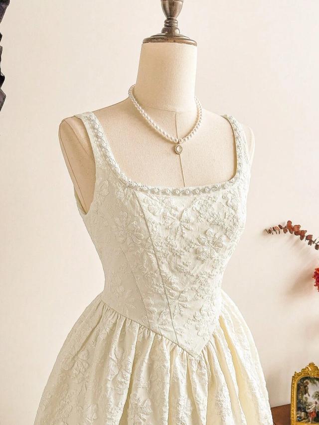 vintage elegant off white jacquard tea party dress