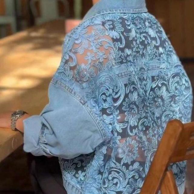 casual denim jacket with intricate lace patchwork back
