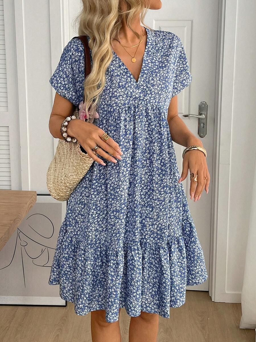 blue and white floral ditsy print mini dress