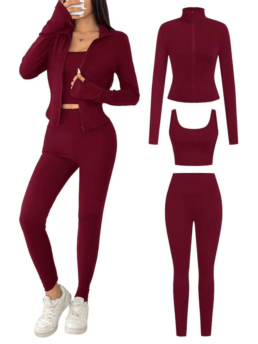 red knit sports set with turtleneck and leggings